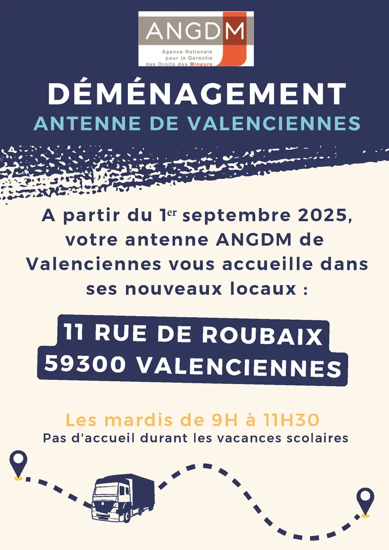 Affiche indiquant la nouvelle adresse de l'antenne de l'ANGDM à Valenciennes